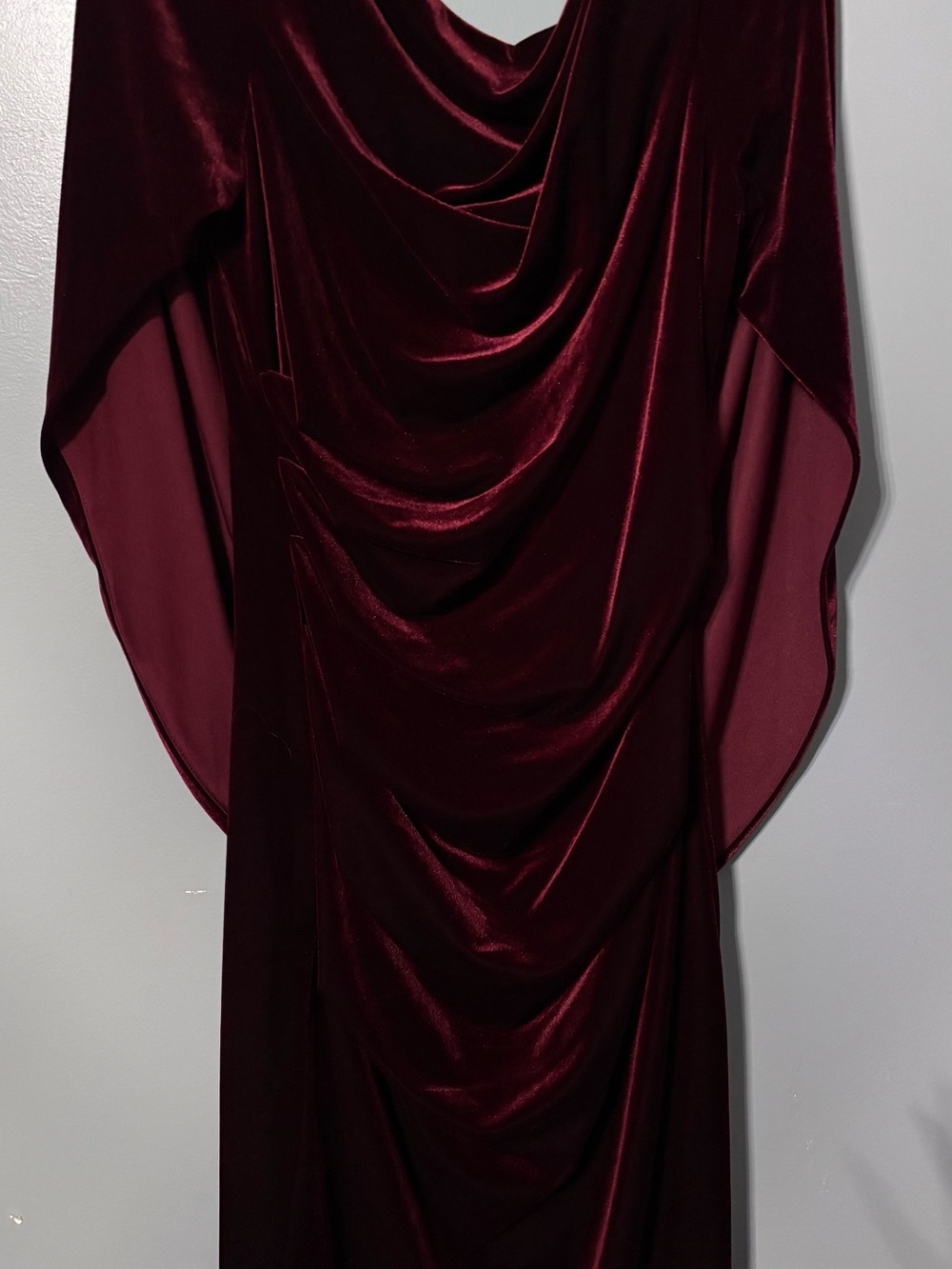 Draped Velvet Evening Gown in Deep Wine.